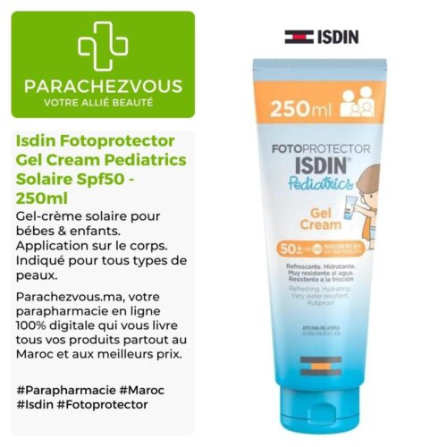 Produit de la marque Isdin Fotoprotector Gel Cream Pediatrics Solaire Spf50 - 250ml sur un fond blanc, vert et gris avec un logo Parachezvous et celui de la marque ISDIN ainsi qu'une description qui détail les informations du produit