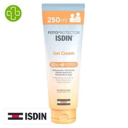 Produit de la marque Isdin Fotoprotector Gel Cream Solaire Spf50 - 250ml sur un fond blanc avec un logo Parachezvous et celui de la marque ISDIN