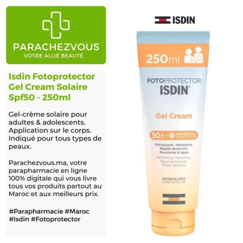 Produit de la marque Isdin Fotoprotector Gel Cream Solaire Spf50 - 250ml sur un fond blanc, vert et gris avec un logo Parachezvous et celui de la marque ISDIN ainsi qu'une description qui détail les informations du produit