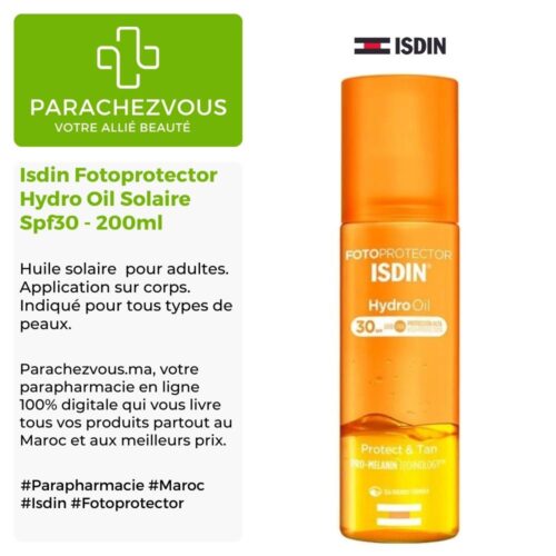 Produit de la marque Isdin Fotoprotector Hydro Oil Solaire Spf30 - 200ml sur un fond blanc, vert et gris avec un logo Parachezvous et celui de la marque ISDIN ainsi qu'une description qui détail les informations du produit