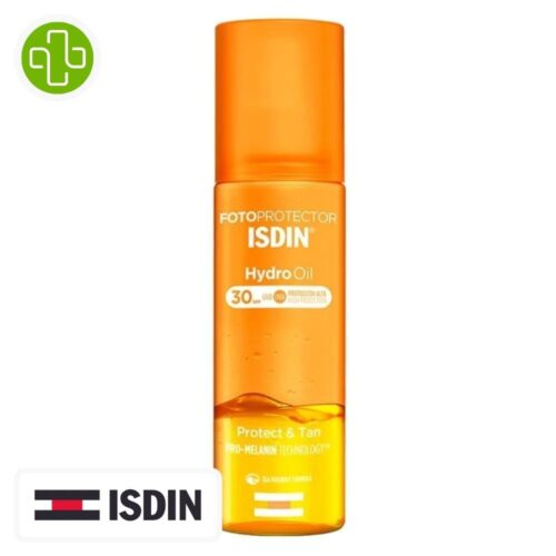 Produit de la marque Isdin Fotoprotector Hydro Oil Solaire Spf30 - 200ml sur un fond blanc avec un logo Parachezvous et celui de la marque ISDIN