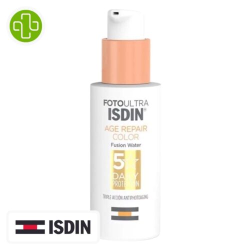 Produit de la marque Isdin FotoUltra Age Repair Color Fusion Water Solaire Anti-Âge Toucher Sec Spf50 - 50ml sur un fond blanc avec un logo Parachezvous et celui de la marque ISDIN