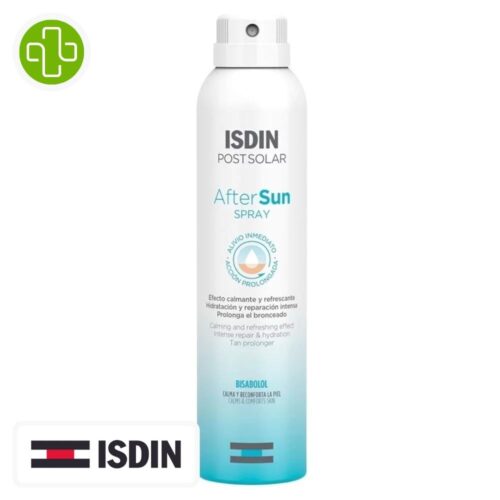 Produit de la marque Isdin Post Solar AfterSun Spray Après-Soleil - 200ml sur un fond blanc avec un logo Parachezvous et celui de la marque ISDIN