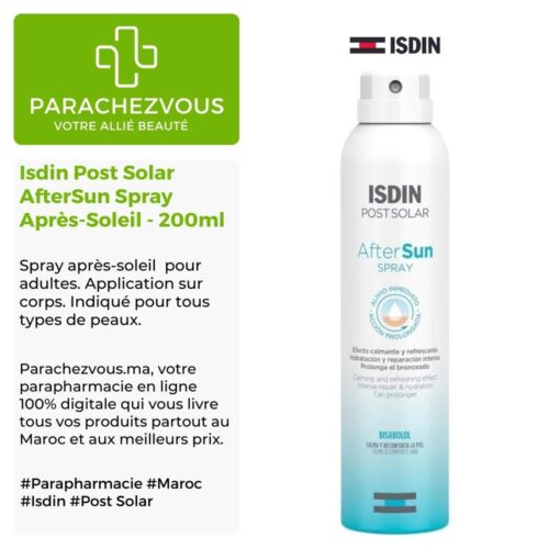 Produit de la marque Isdin Post Solar AfterSun Spray Après-Soleil - 200ml sur un fond blanc, vert et gris avec un logo Parachezvous et celui de la marque ISDIN ainsi qu'une description qui détail les informations du produit