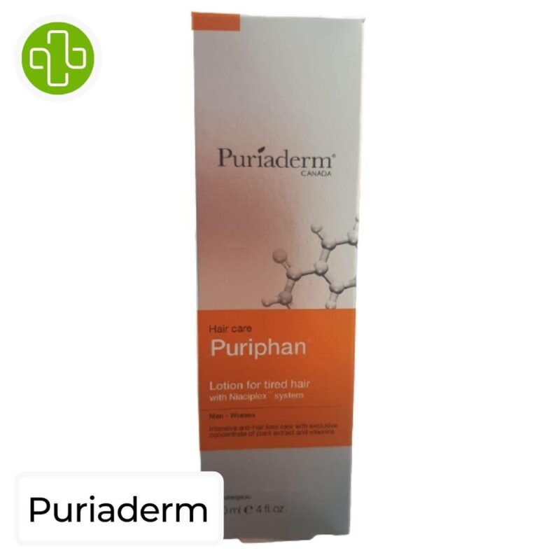 Produit de la marque puriaderm puriphan lotion cheveux fragilisés - 120ml sur un fond blanc avec un logo parachezvous et celui de de la marque puriaderm