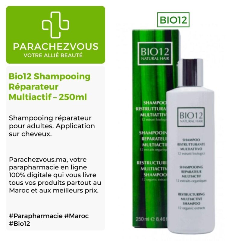 Produit de la marque bio12 shampooing réparateur multiactif - 250ml sur un fond blanc, vert et gris avec un logo parachezvous et celui de la marque bio12 ainsi qu'une description qui détail les informations du produit