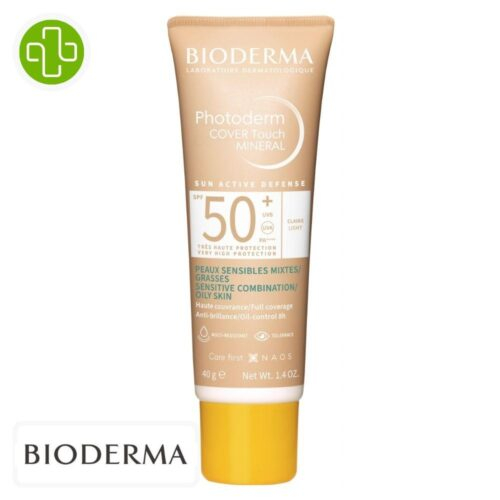 Produit de la marque Bioderma Photoderm Cover Touch Solaire Minéral Haute Couvrance Teinté Claire Spf50 - 40g sur un fond blanc avec un logo Parachezvous et celui de de la marque Bioderma