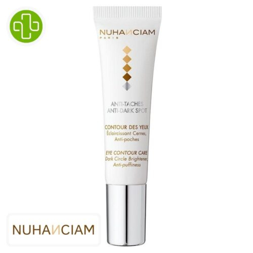 Produit de la marque Nuhanciam Contour des Yeux Éclaircissant Cernes & Poches - 15ml sur un fond blanc avec un logo Parachezvous et celui de de la marque Nuhanciam