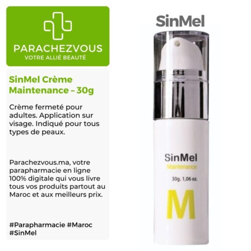 Produit de la marque SinMel Crème Maintenance - 30g sur un fond blanc, vert et gris avec un logo Parachezvous et celui de la marque Sinmel ainsi qu'une description qui détail les informations du produit