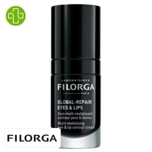 Produit de la marque Filorga Global-Repair Eyes & Lips Soin Multi-Revitalisant Contour Yeux & Lèvres - 15ml sur un fond blanc avec un logo Parachezvous et celui de de la marque Filorga