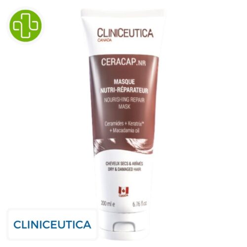 Produit de la marque Cliniceutica Ceracap NR Masque Nutri-Réparateur - 200ml sur un fond blanc avec un logo Parachezvous et celui de de la marque Cliniceutica