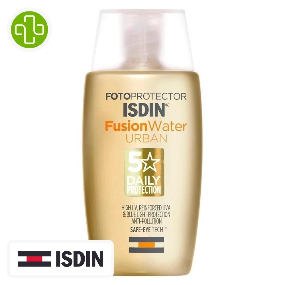 Produit de la marque isdin fotoprotector fusion water urban solaire toucher sec spf30 - 50ml sur un fond blanc avec un logo parachezvous et celui de la marque isdin
