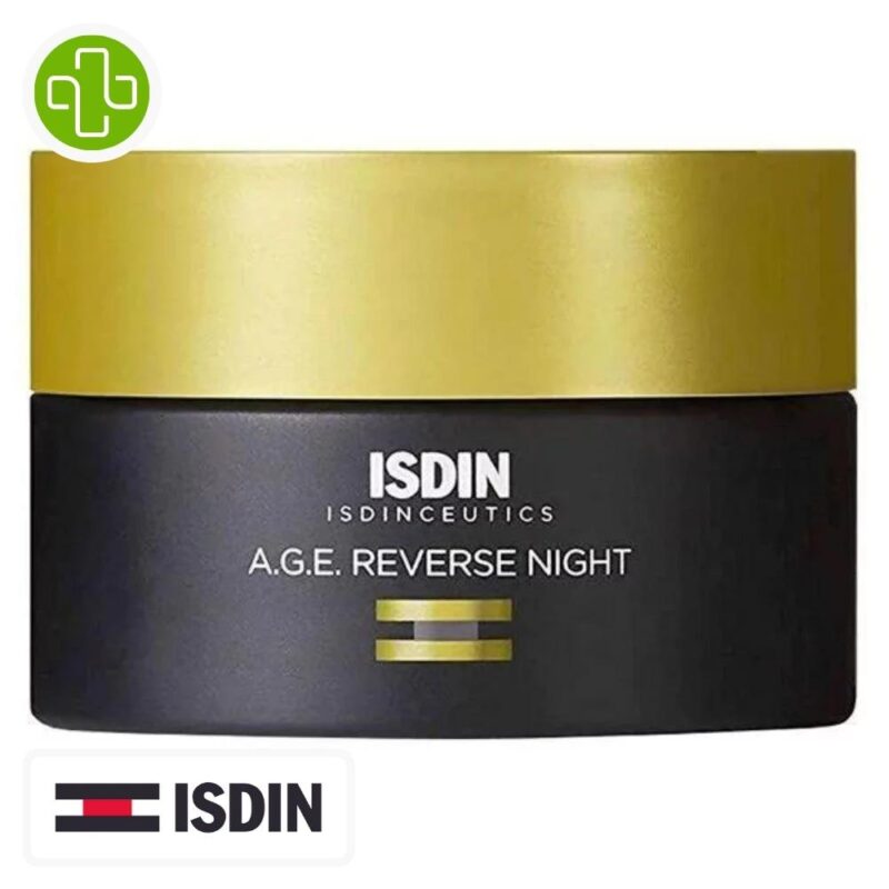Produit de la marque isdin isdinceutics a. G. E revese night crème anti-âge- 50ml sur un fond blanc avec un logo parachezvous et celui de la marque isdin