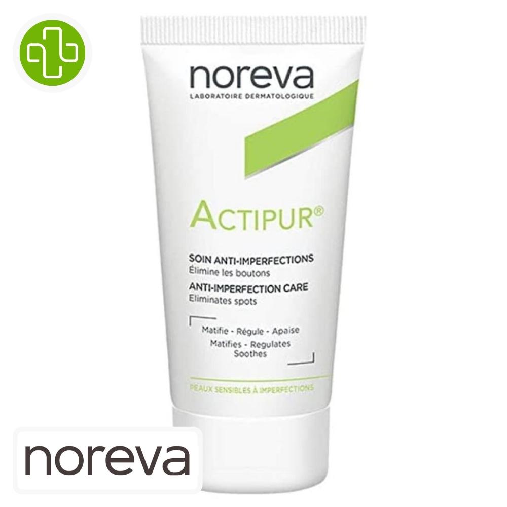 Produit de la marque noreva actipur crème anti-imperfections - 30ml sur un fond blanc avec un logo parachezvous et celui de de la marque noreva