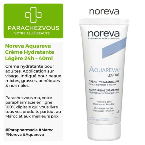 Produit de la marque noreva aquareva crème hydratante légère 24h - 40ml sur un fond blanc, vert et gris avec un logo parachezvous et celui de la marque noreva ainsi qu'une description qui détail les informations du produit