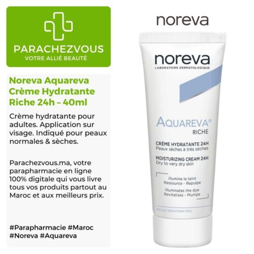 Produit de la marque Noreva Aquareva Crème Hydratante Riche 24h - 40ml sur un fond blanc, vert et gris avec un logo Parachezvous et celui de la marque Noreva ainsi qu'une description qui détail les informations du produit
