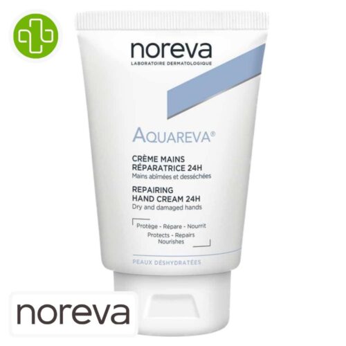 Produit de la marque Noreva Aquareva Crème Mains Réparatrice 24h - 50ml sur un fond blanc avec un logo Parachezvous et celui de de la marque Noreva