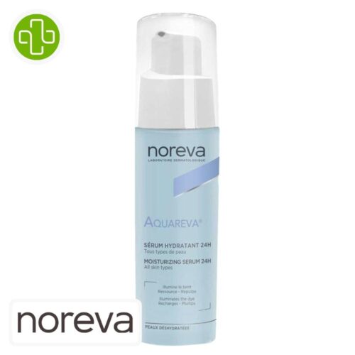 Produit de la marque Noreva Aquareva Sérum Hydratant 24h - 30ml sur un fond blanc avec un logo Parachezvous et celui de de la marque Noreva