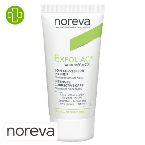 Produit de la marque Noreva Exfoliac Acnoméga 200 Soin Correcteur Intensif Points Noirs - 30ml sur un fond blanc avec un logo Parachezvous et celui de de la marque Noreva