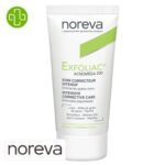 Produit de la marque Noreva Exfoliac Acnoméga 200 Soin Correcteur Intensif Points Noirs - 30ml sur un fond blanc avec un logo Parachezvous et celui de de la marque Noreva