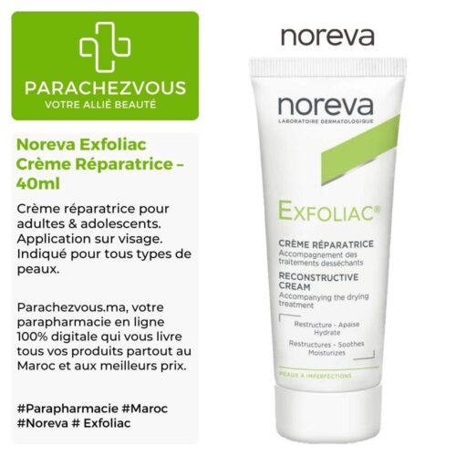 Produit de la marque noreva exfoliac crème réparatrice - 40ml sur un fond blanc, vert et gris avec un logo parachezvous et celui de la marque noreva ainsi qu'une description qui détail les informations du produit
