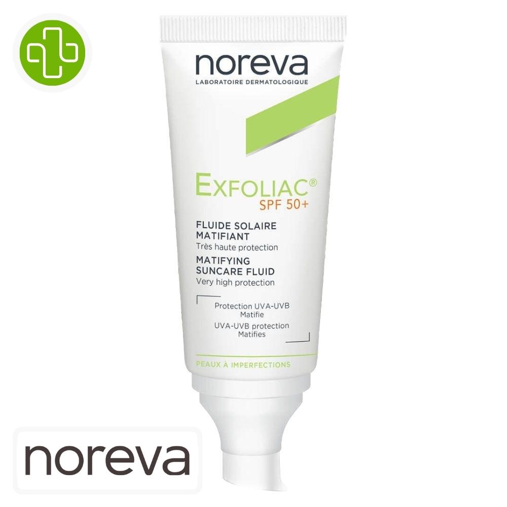 Produit de la marque noreva exfoliac fluide solaire matifiant invisible spf50 - 40ml sur un fond blanc avec un logo parachezvous et celui de de la marque noreva