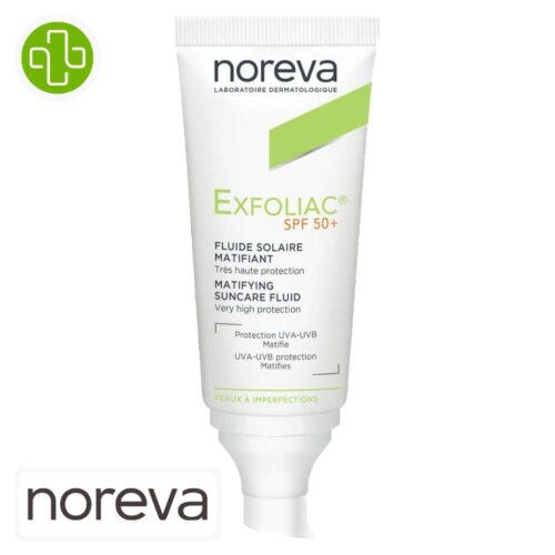Produit de la marque Noreva Exfoliac Fluide Solaire Matifiant Invisible Spf50 - 40ml sur un fond blanc avec un logo Parachezvous et celui de de la marque Noreva