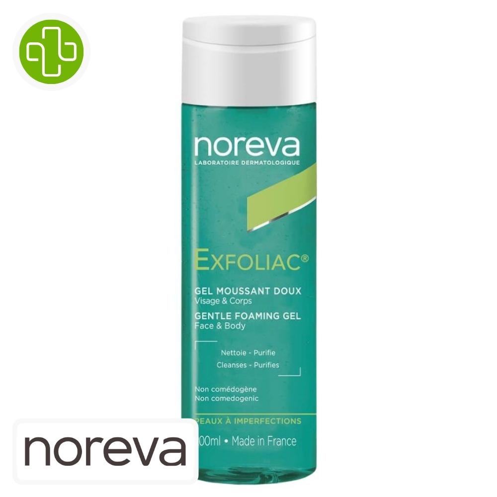 Produit de la marque noreva exfoliac gel moussant doux nettoyant purifiant - 200ml sur un fond blanc avec un logo parachezvous et celui de de la marque noreva