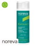 Produit de la marque Noreva Exfoliac Gel Moussant Intensif Nettoyant Purifiant - 200ml sur un fond blanc avec un logo Parachezvous et celui de de la marque Noreva