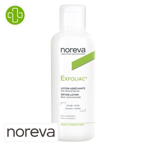 Produit de la marque Noreva Exfoliac Lotion Asséchante - 125ml sur un fond blanc avec un logo Parachezvous et celui de de la marque Noreva