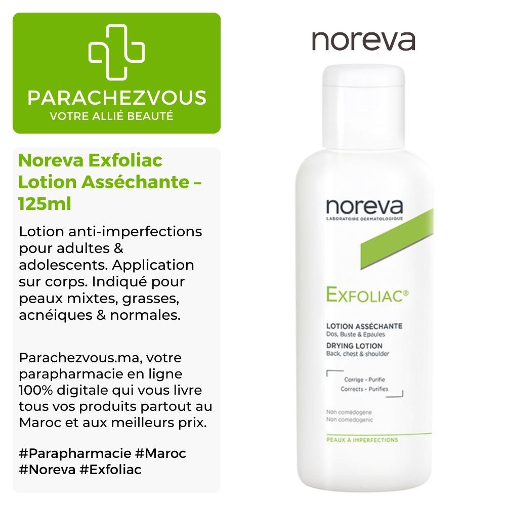 Produit de la marque noreva exfoliac lotion asséchante - 125ml sur un fond blanc, vert et gris avec un logo parachezvous et celui de la marque noreva ainsi qu'une description qui détail les informations du produit