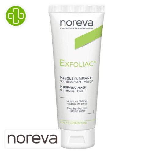 Produit de la marque Noreva Exfoliac Masque Purifiant - 50ml sur un fond blanc avec un logo Parachezvous et celui de de la marque Noreva