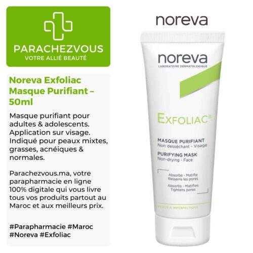 Produit de la marque Noreva Exfoliac Masque Purifiant - 50ml sur un fond blanc, vert et gris avec un logo Parachezvous et celui de la marque Noreva ainsi qu'une description qui détail les informations du produit