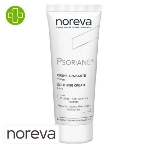 Produit de la marque Noreva Psoriane Crème Apaisante Visage - 40ml sur un fond blanc avec un logo Parachezvous et celui de de la marque Noreva