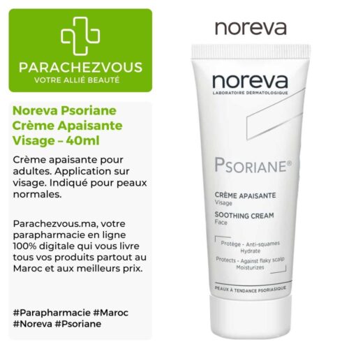 Produit de la marque Noreva Psoriane Crème Apaisante Visage - 40ml sur un fond blanc, vert et gris avec un logo Parachezvous et celui de la marque Noreva ainsi qu'une description qui détail les informations du produit