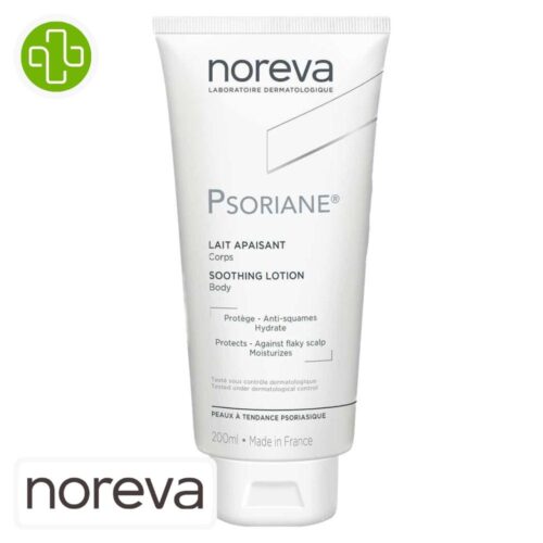 Produit de la marque Noreva Psoriane Lait Apaisant Corps - 200ml sur un fond blanc avec un logo Parachezvous et celui de de la marque Noreva