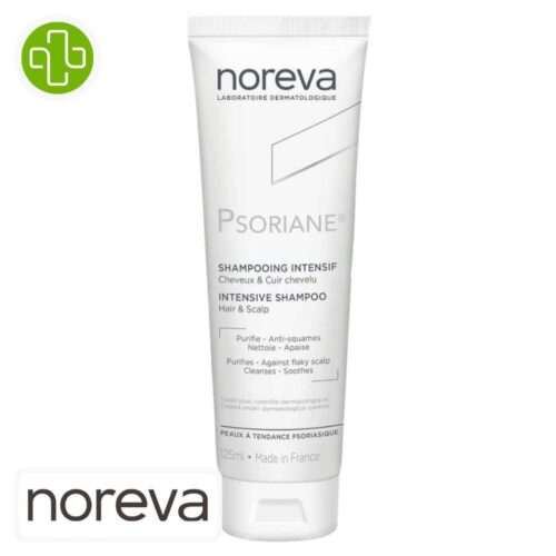Produit de la marque Noreva Psoriane Shampooing Intensif - 125ml sur un fond blanc avec un logo Parachezvous et celui de de la marque Noreva