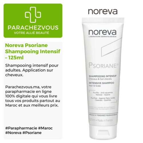 Produit de la marque Noreva Psoriane Shampooing Intensif - 125ml sur un fond blanc, vert et gris avec un logo Parachezvous et celui de la marque Noreva ainsi qu'une description qui détail les informations du produit