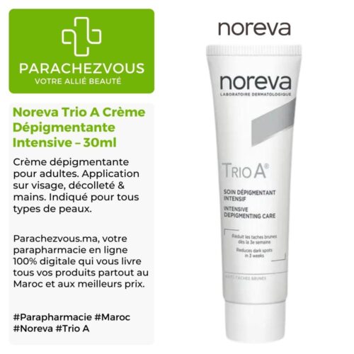Produit de la marque Noreva Trio A Crème Dépigmentante Intensive - 30ml sur un fond blanc, vert et gris avec un logo Parachezvous et celui de la marque Noreva ainsi qu'une description qui détail les informations du produit