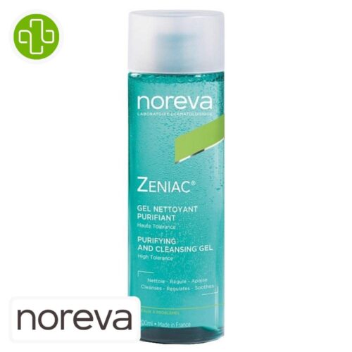 Produit de la marque Noreva Zeniac Gel Nettoyant Purifiant - 200ml sur un fond blanc avec un logo Parachezvous et celui de de la marque Noreva