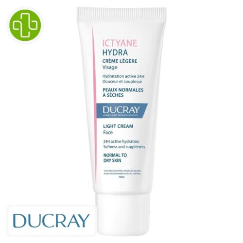 Produit de la marque Ducray Ictyane Hydra Crème Légère Hydratante - 40ml sur un fond blanc avec un logo Parachezvous et celui de la marque DUCRAY