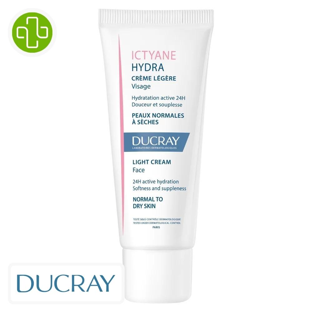 Produit de la marque ducray ictyane hydra crème légère hydratante - 40ml sur un fond blanc avec un logo parachezvous et celui de la marque ducray