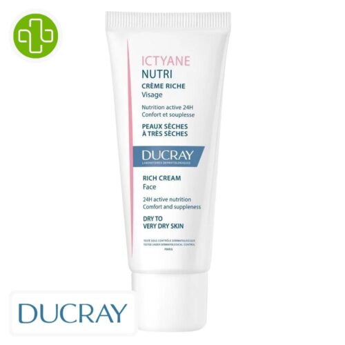 Produit de la marque Ducray Ictyane Nutri Crème Riche Hydratante - 40ml sur un fond blanc avec un logo Parachezvous et celui de la marque DUCRAY