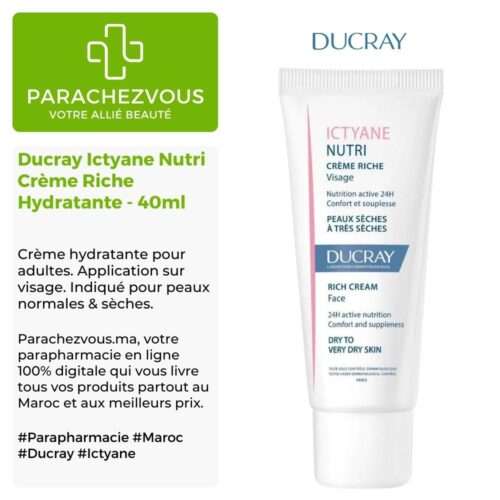 Produit de la marque Ducray Ictyane Nutri Crème Riche Hydratante - 40ml sur un fond blanc, vert et gris avec un logo Parachezvous et celui de la marque DUCRAY ainsi qu'une description qui détail les informations du produit