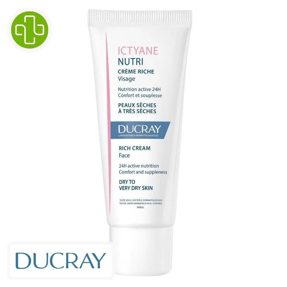 Produit de la marque ducray ictyane nutri crème riche hydratante - 40ml sur un fond blanc avec un logo parachezvous et celui de la marque ducray