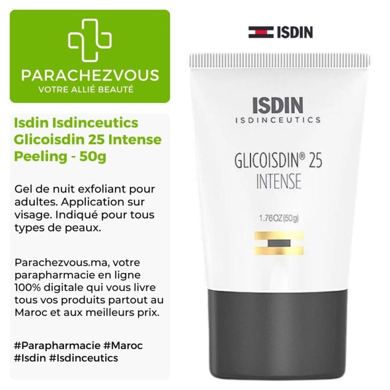 Produit de la marque Isdin Isdinceutics Glicoisdin 25 Intense Peeling - 50g sur un fond blanc, vert et gris avec un logo Parachezvous et celui de la marque ISDIN ainsi qu'une description qui détail les informations du produit