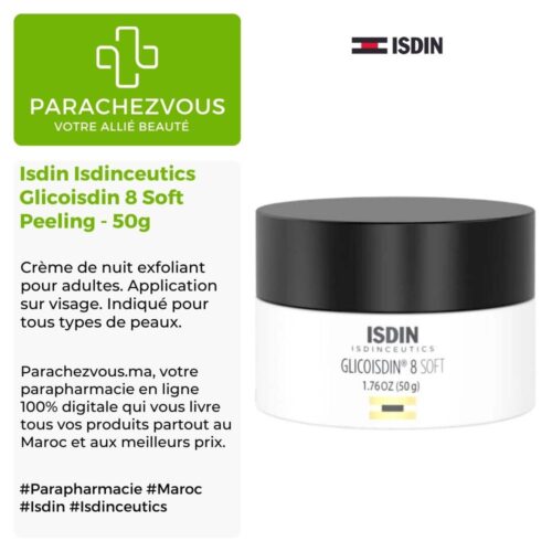Produit de la marque Isdin Isdinceutics Glicoisdin 8 Soft Peeling - 50g sur un fond blanc, vert et gris avec un logo Parachezvous et celui de la marque ISDIN ainsi qu'une description qui détail les informations du produit