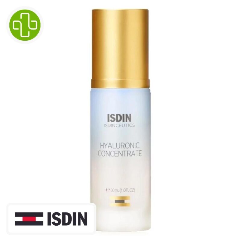 Produit de la marque isdin isdinceutics hyaluronic concentrate hydratant repulpant - 30ml sur un fond blanc avec un logo parachezvous et celui de la marque isdin