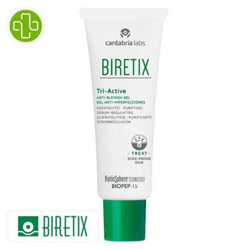 Produit de la marque Biretix Tri-Active Gel Anti-Imperfections - 50ml sur un fond blanc avec un logo Parachezvous et celui de de la marque Biretix