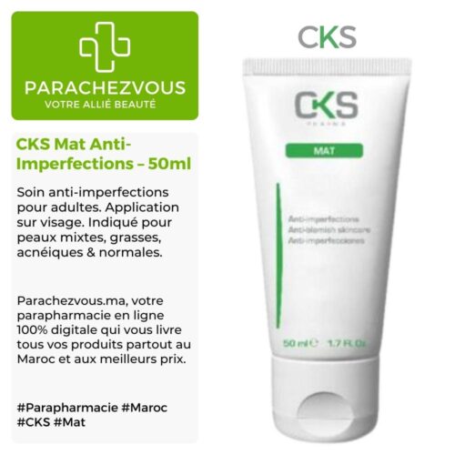 Produit de la marque CKS Mat Anti-Imperfections - 50ml sur un fond blanc, vert et gris avec un logo Parachezvous et celui de la marque CKS ainsi qu'une description qui détail les informations du produit